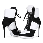 Black & White High Heel Ankle Boots - Sexy Platform Lace Up Stiletto Booties for Women - Styeenigma