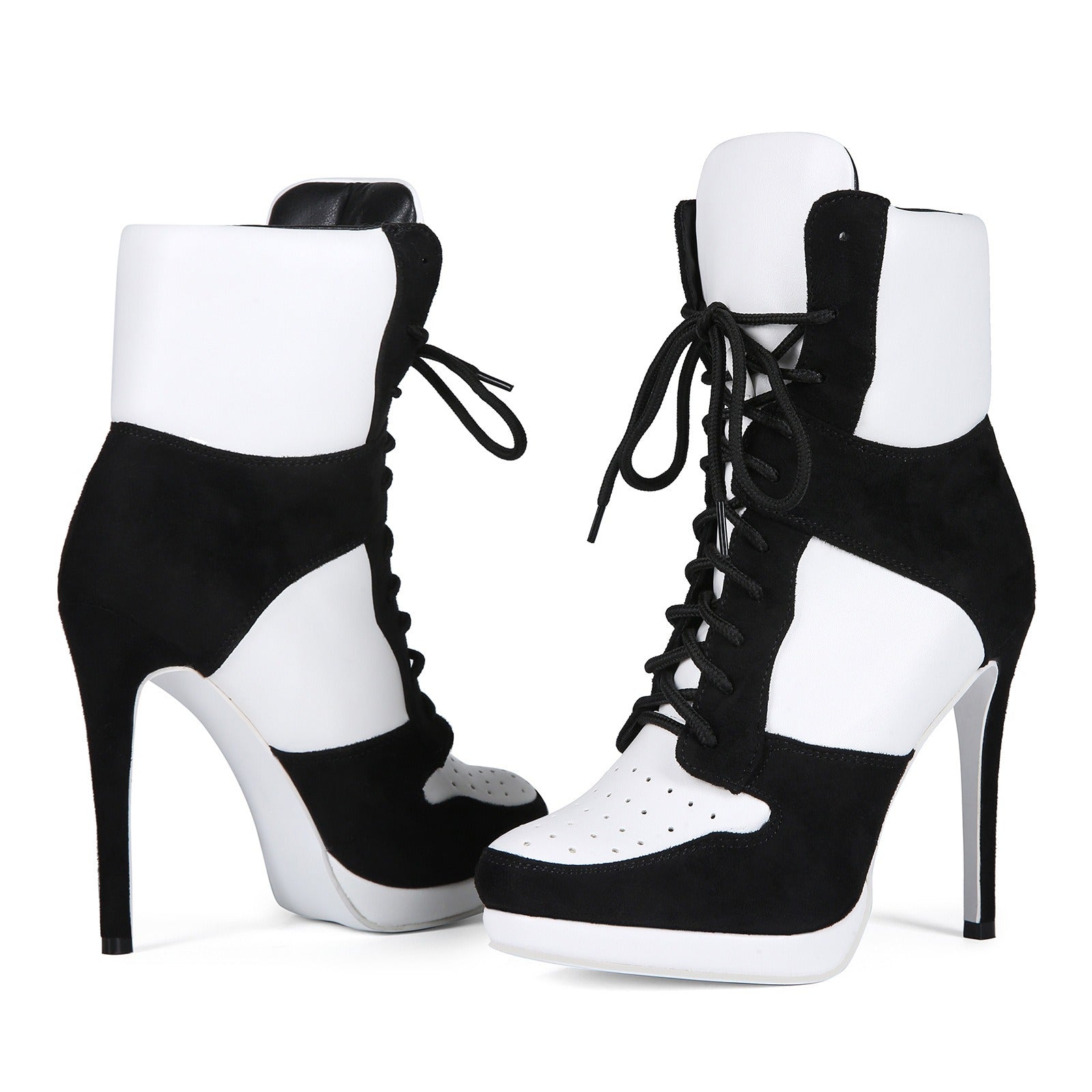 Black & White High Heel Ankle Boots - Sexy Platform Lace Up Stiletto Booties for Women - Styeenigma
