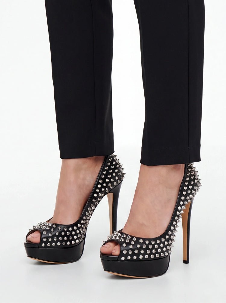 Black Studded Peep-Toe Stiletto Heels – Punk Rock Platform Pumps - Styeenigma