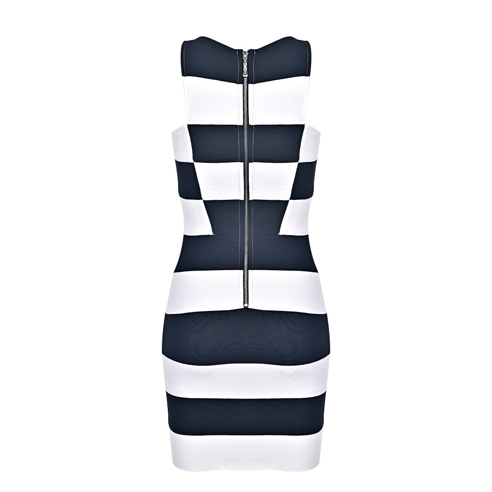 Black and White Striped Bodycon Dress - Women Sleeveless Crew Neck Summer Party Dress