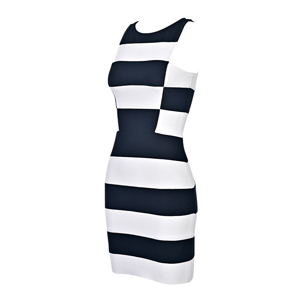 Black and White Striped Bodycon Dress - Women Sleeveless Crew Neck Summer Party Dress