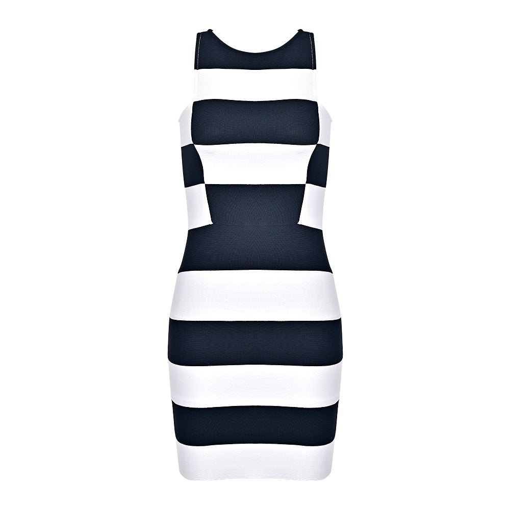 Black and White Striped Bodycon Dress - Women Sleeveless Crew Neck Summer Party Dress