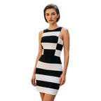 Black and White Striped Bodycon Dress - Women Sleeveless Crew Neck Summer Party Dress