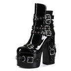 Gothic Studded Platform Buckle Boots – Patent Leather Chunky Heel Ankle Boots for Women - Styeenigma