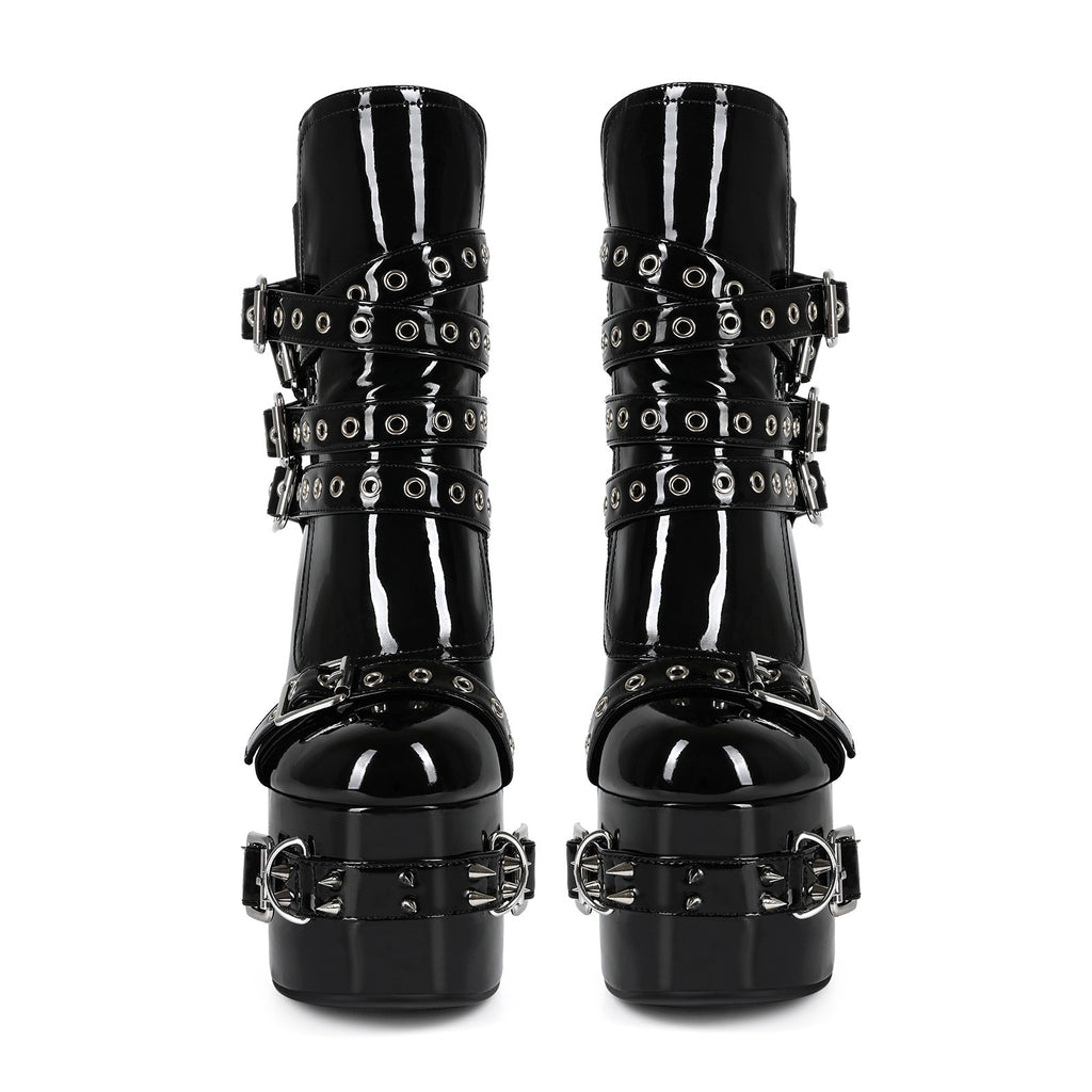 Gothic Studded Platform Buckle Boots – Patent Leather Chunky Heel Ankle Boots for Women - Styeenigma