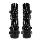 Gothic Studded Platform Buckle Boots – Patent Leather Chunky Heel Ankle Boots for Women - Styeenigma