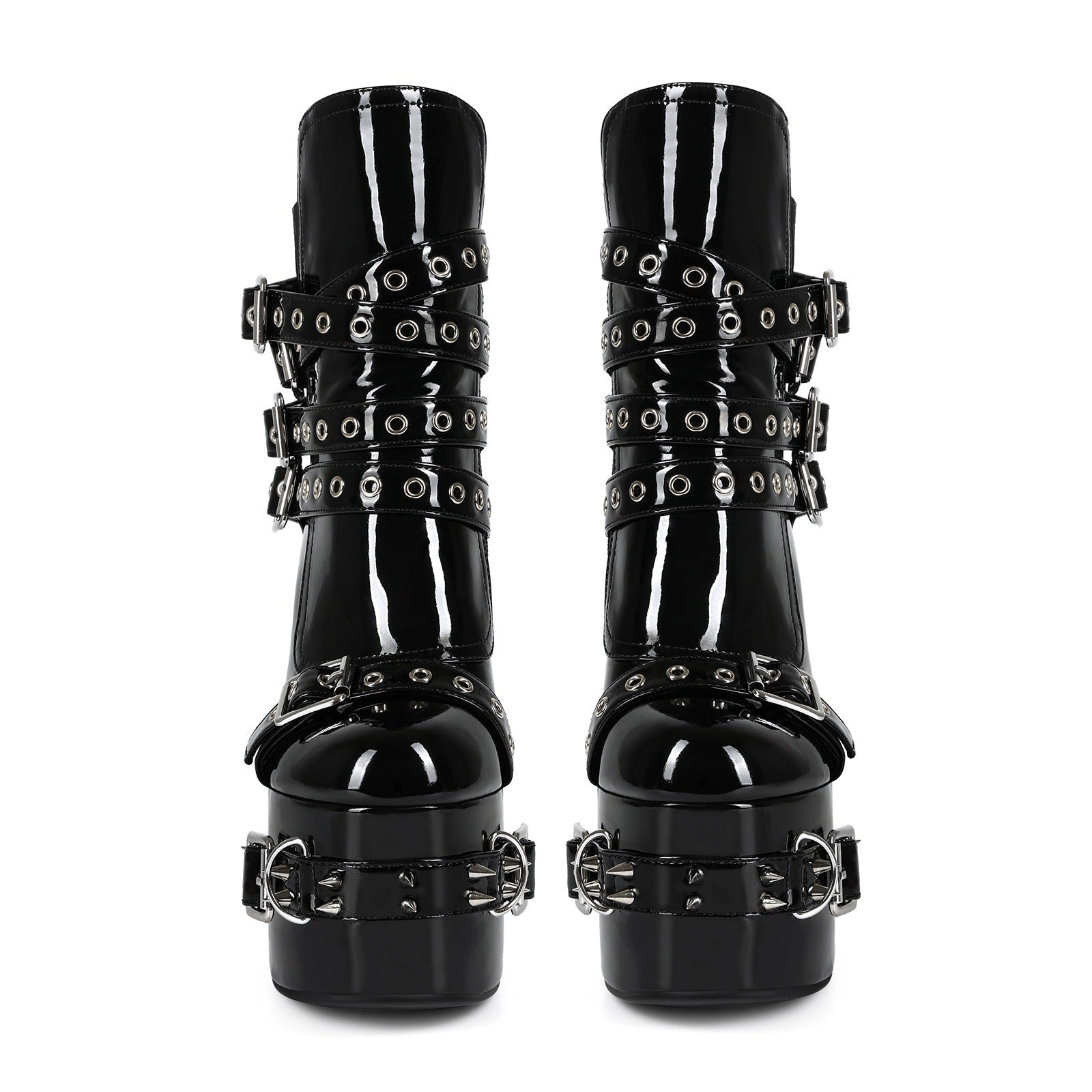 Gothic Studded Platform Buckle Boots – Patent Leather Chunky Heel Ankle Boots for Women - Styeenigma