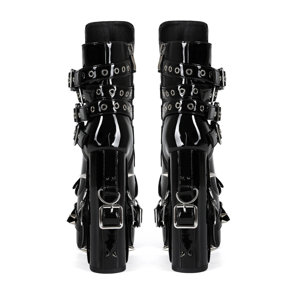 Gothic Studded Platform Buckle Boots – Patent Leather Chunky Heel Ankle Boots for Women - Styeenigma