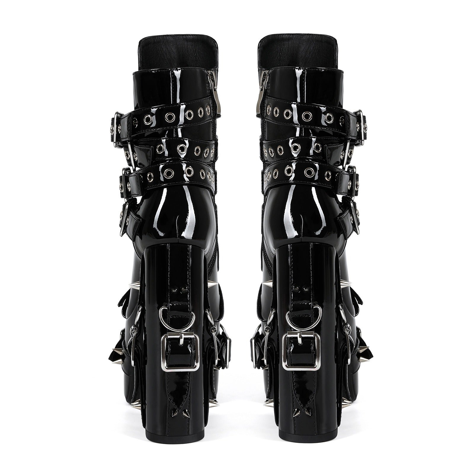 Gothic Studded Platform Buckle Boots – Patent Leather Chunky Heel Ankle Boots for Women - Styeenigma