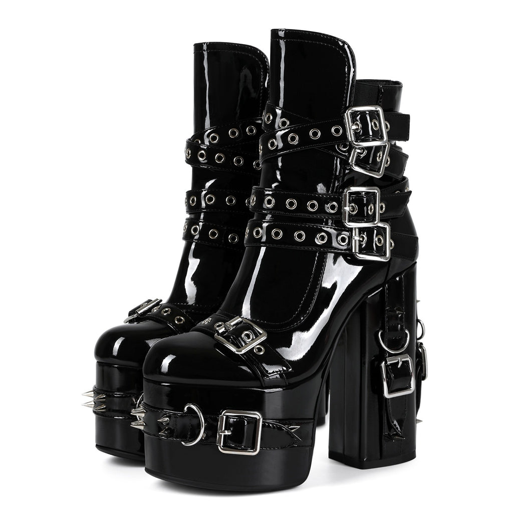 Gothic Studded Platform Buckle Boots – Patent Leather Chunky Heel Ankle Boots for Women - Styeenigma