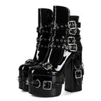 Gothic Studded Platform Buckle Boots – Patent Leather Chunky Heel Ankle Boots for Women - Styeenigma
