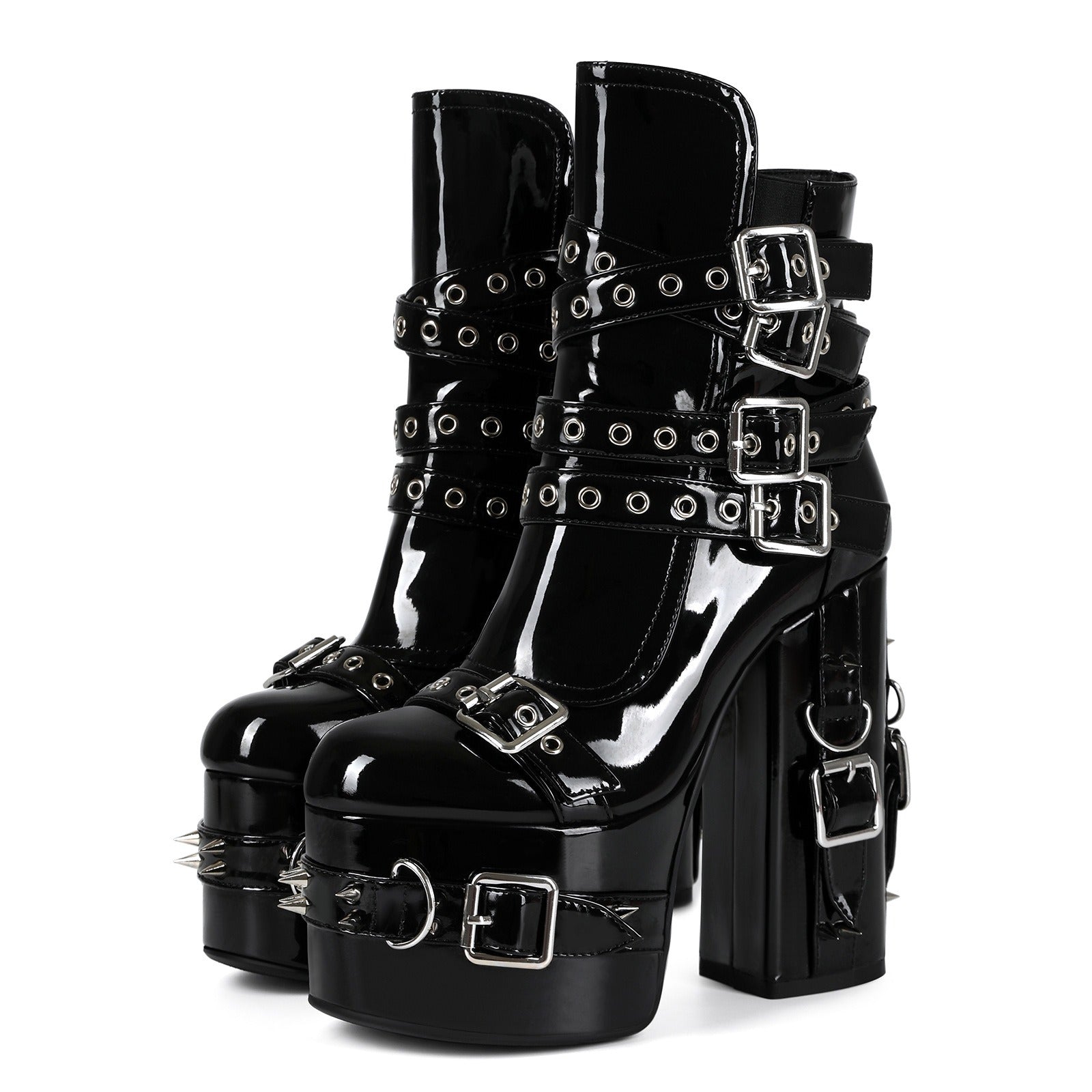 Gothic Studded Platform Buckle Boots – Patent Leather Chunky Heel Ankle Boots for Women - Styeenigma