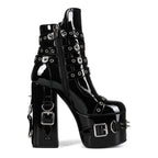 Gothic Studded Platform Buckle Boots – Patent Leather Chunky Heel Ankle Boots for Women - Styeenigma