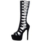 Black Lace-Up Platform Knee-High Stiletto Heels – Sexy Nightclub & Party Boots - Styeenigma