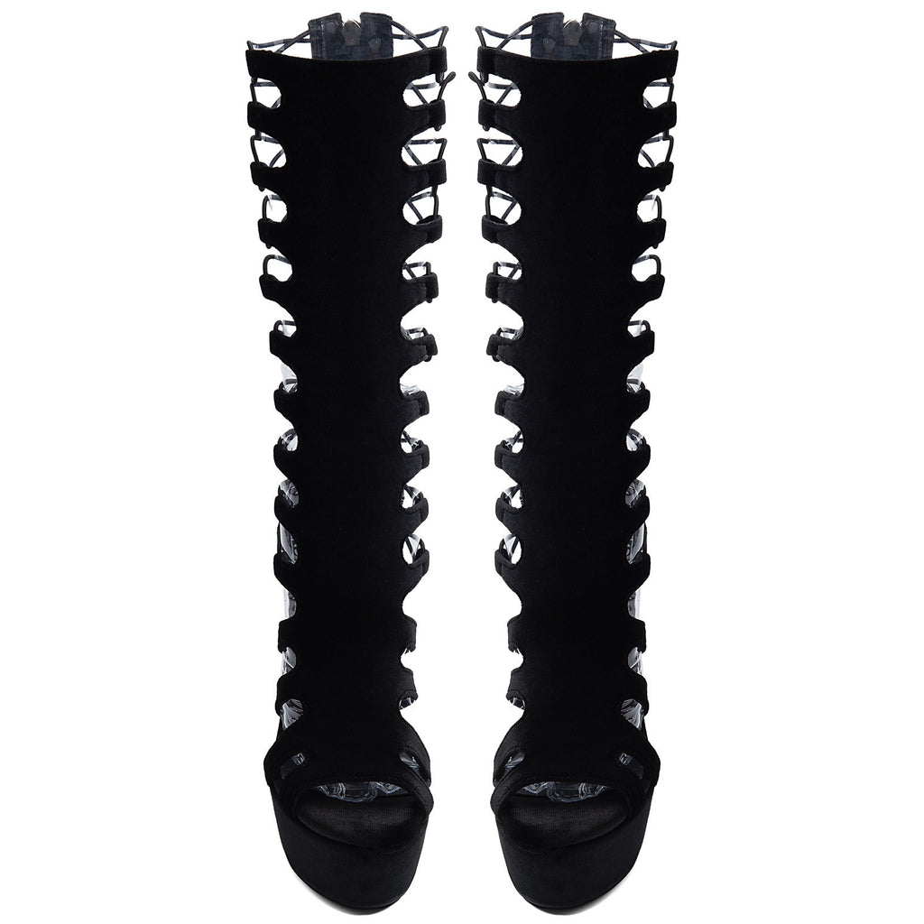 Black Lace-Up Platform Knee-High Stiletto Heels – Sexy Nightclub & Party Boots - Styeenigma