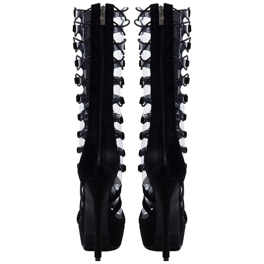 Black Lace-Up Platform Knee-High Stiletto Heels – Sexy Nightclub & Party Boots - Styeenigma