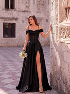 Elegant Black Off-Shoulder Satin Gown with High Slit & Corset Detail – Formal Evening Dress for Proms, Galas & Weddings