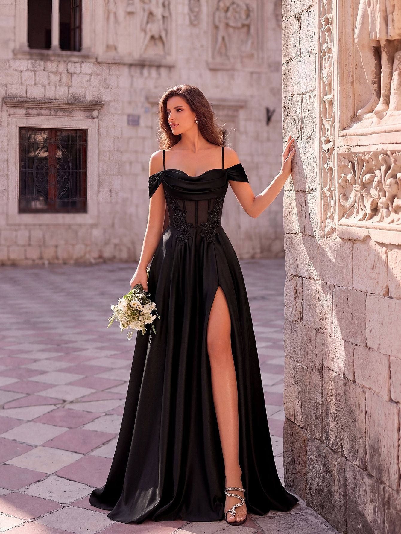Elegant Black Off-Shoulder Satin Gown with High Slit & Corset Detail – Formal Evening Dress for Proms, Galas & Weddings