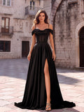 Elegant Black Off-Shoulder Satin Gown with High Slit & Corset Detail – Formal Evening Dress for Proms, Galas & Weddings