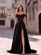 Elegant Black Off-Shoulder Satin Gown with High Slit & Corset Detail – Formal Evening Dress for Proms, Galas & Weddings