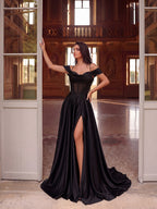 Elegant Black Off-Shoulder Satin Gown with High Slit & Corset Detail – Formal Evening Dress for Proms, Galas & Weddings