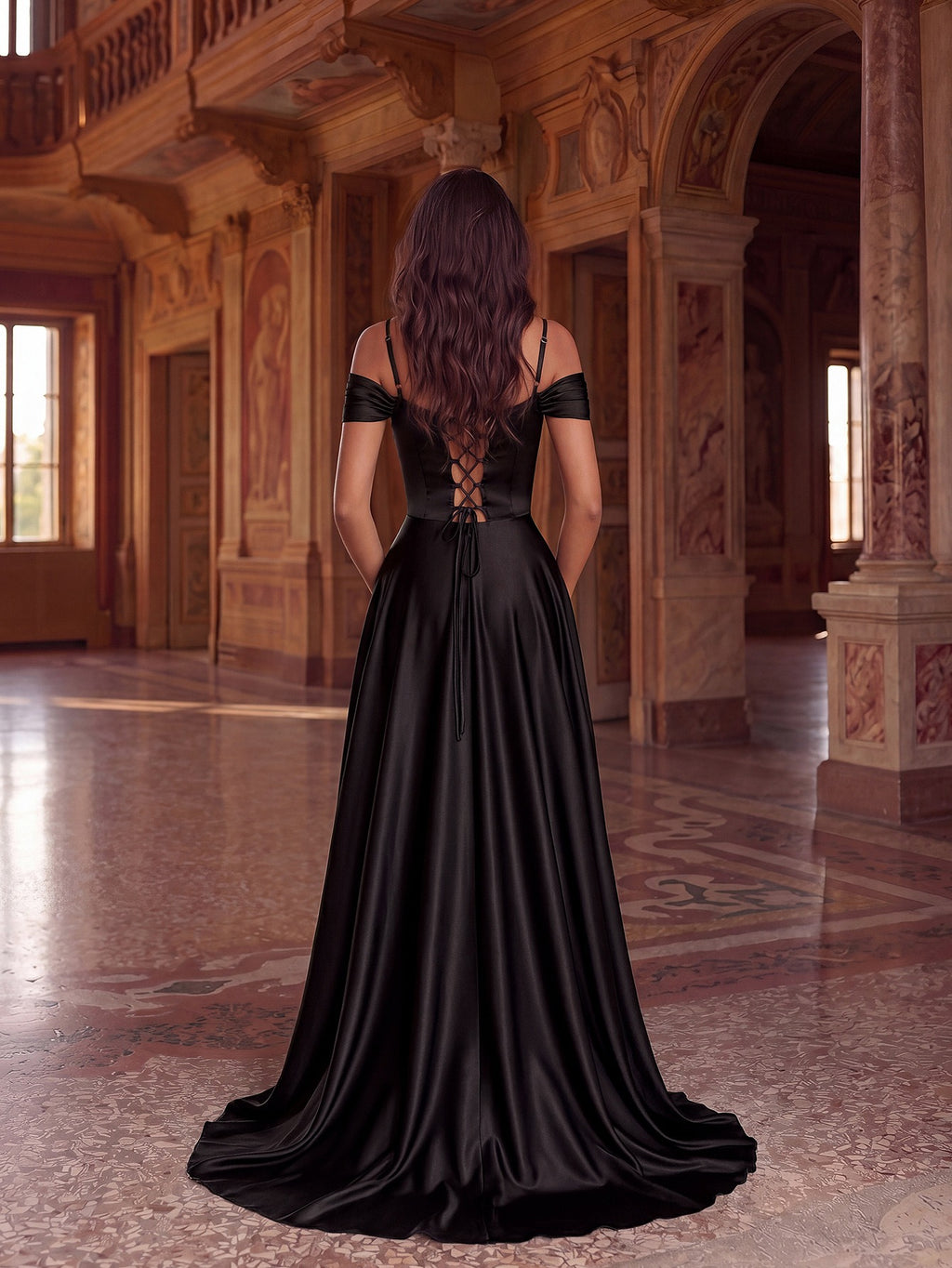 Elegant Black Off-Shoulder Satin Gown with High Slit & Corset Detail – Formal Evening Dress for Proms, Galas & Weddings