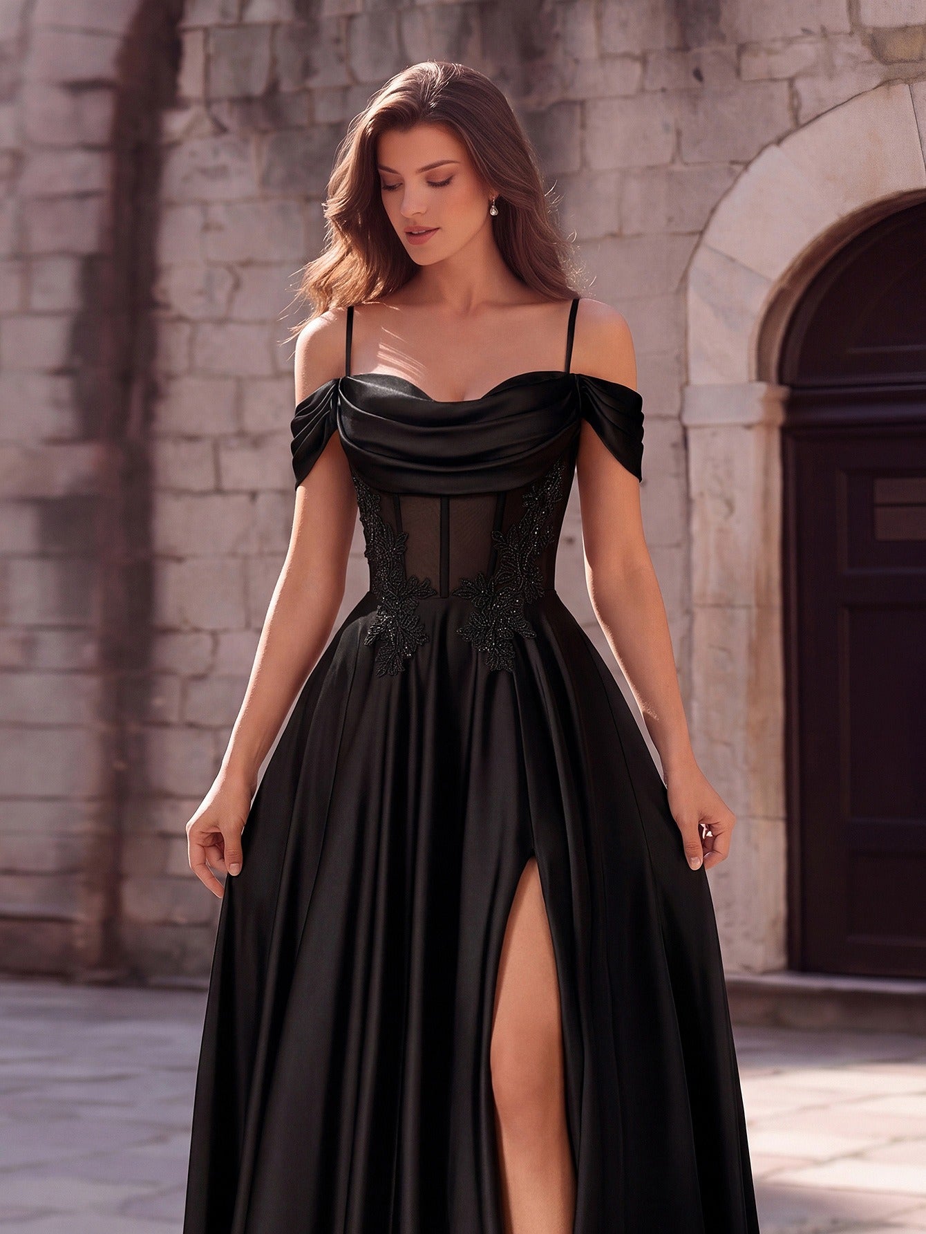 Elegant Black Off-Shoulder Satin Gown with High Slit & Corset Detail – Formal Evening Dress for Proms, Galas & Weddings