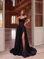 Elegant Black Off-Shoulder Satin Gown with High Slit & Corset Detail – Formal Evening Dress for Proms, Galas & Weddings