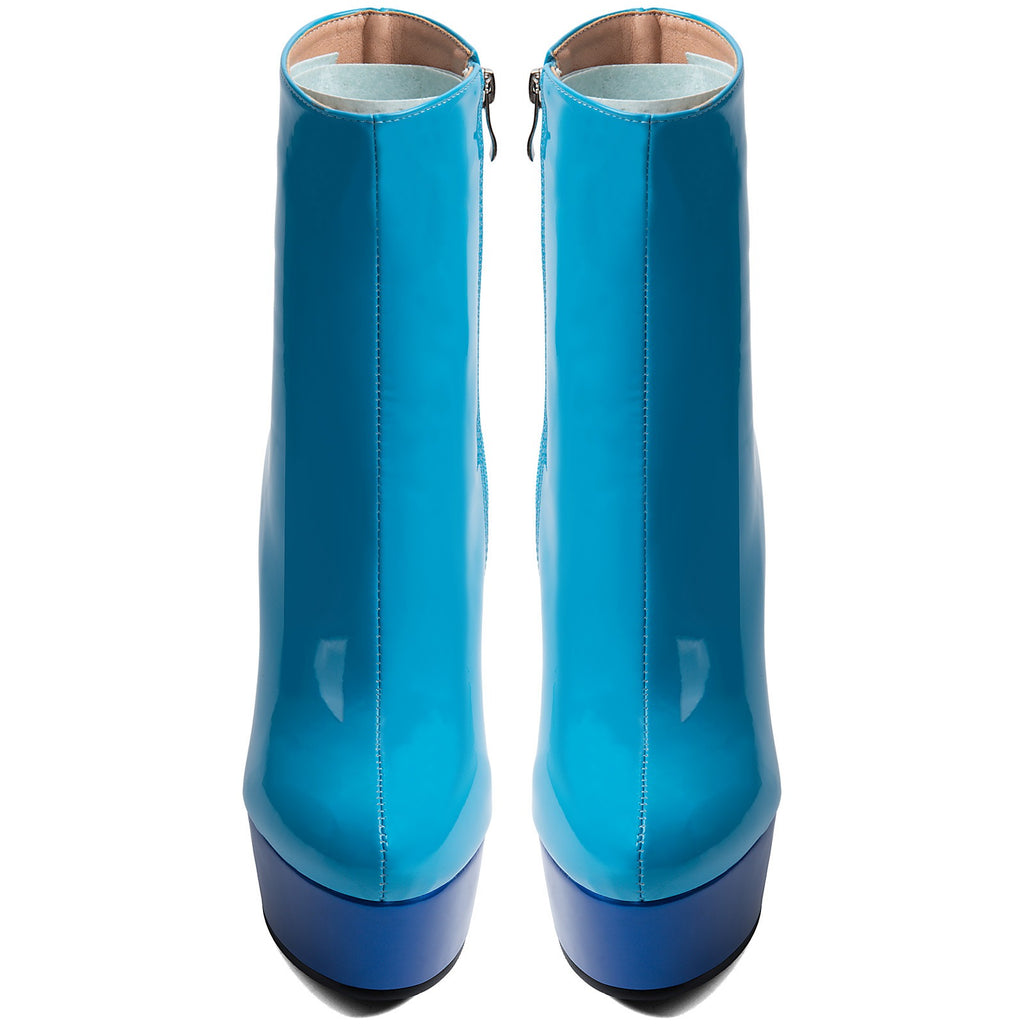 Blue Patent Faux Leather Wedge Platform Ankle Boots for Women - Styeenigma