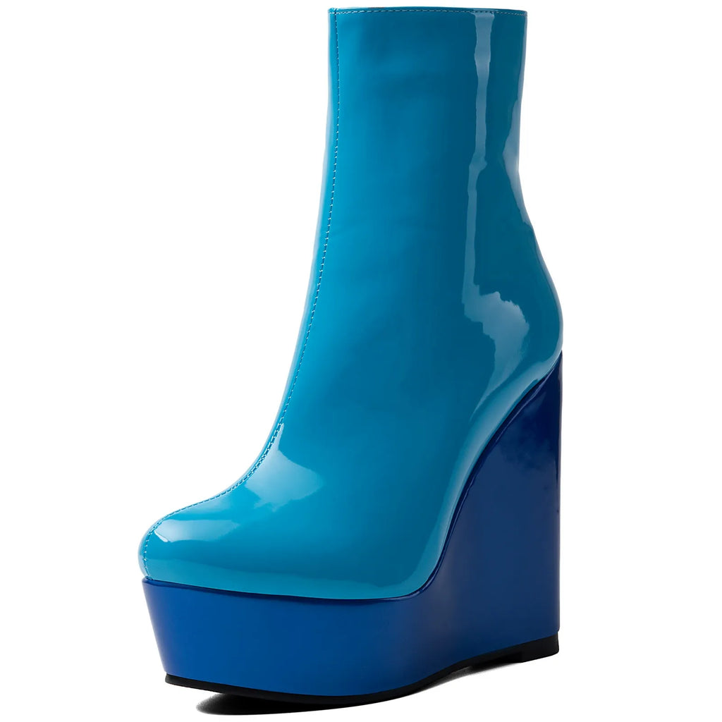 Blue Patent Faux Leather Wedge Platform Ankle Boots for Women - Styeenigma