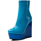 Blue Patent Faux Leather Wedge Platform Ankle Boots for Women - Styeenigma