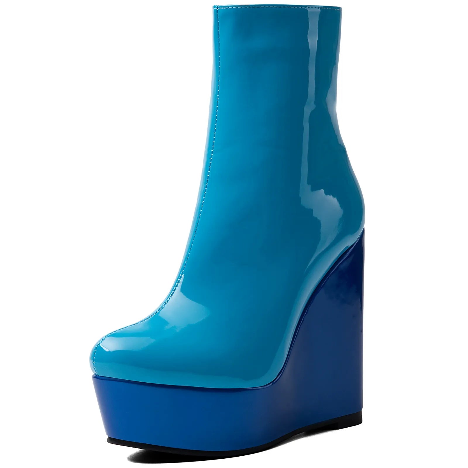 Blue Patent Faux Leather Wedge Platform Ankle Boots for Women - Styeenigma