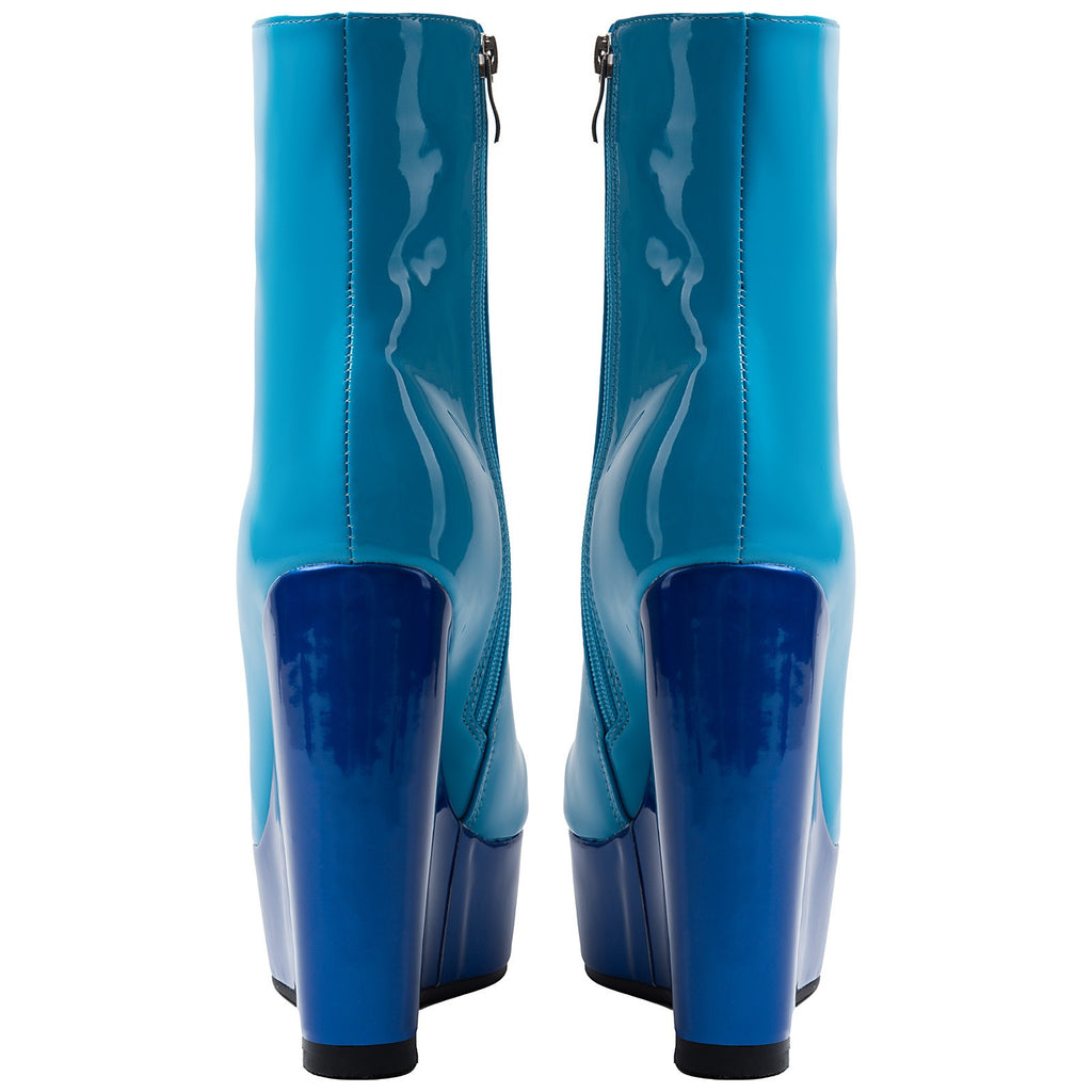 Blue Patent Faux Leather Wedge Platform Ankle Boots for Women - Styeenigma