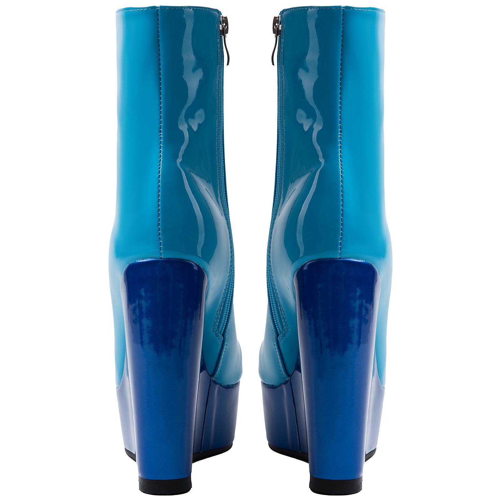 Blue Patent Faux Leather Wedge Platform Ankle Boots for Women - Styeenigma