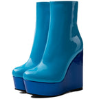 Blue Patent Faux Leather Wedge Platform Ankle Boots for Women - Styeenigma