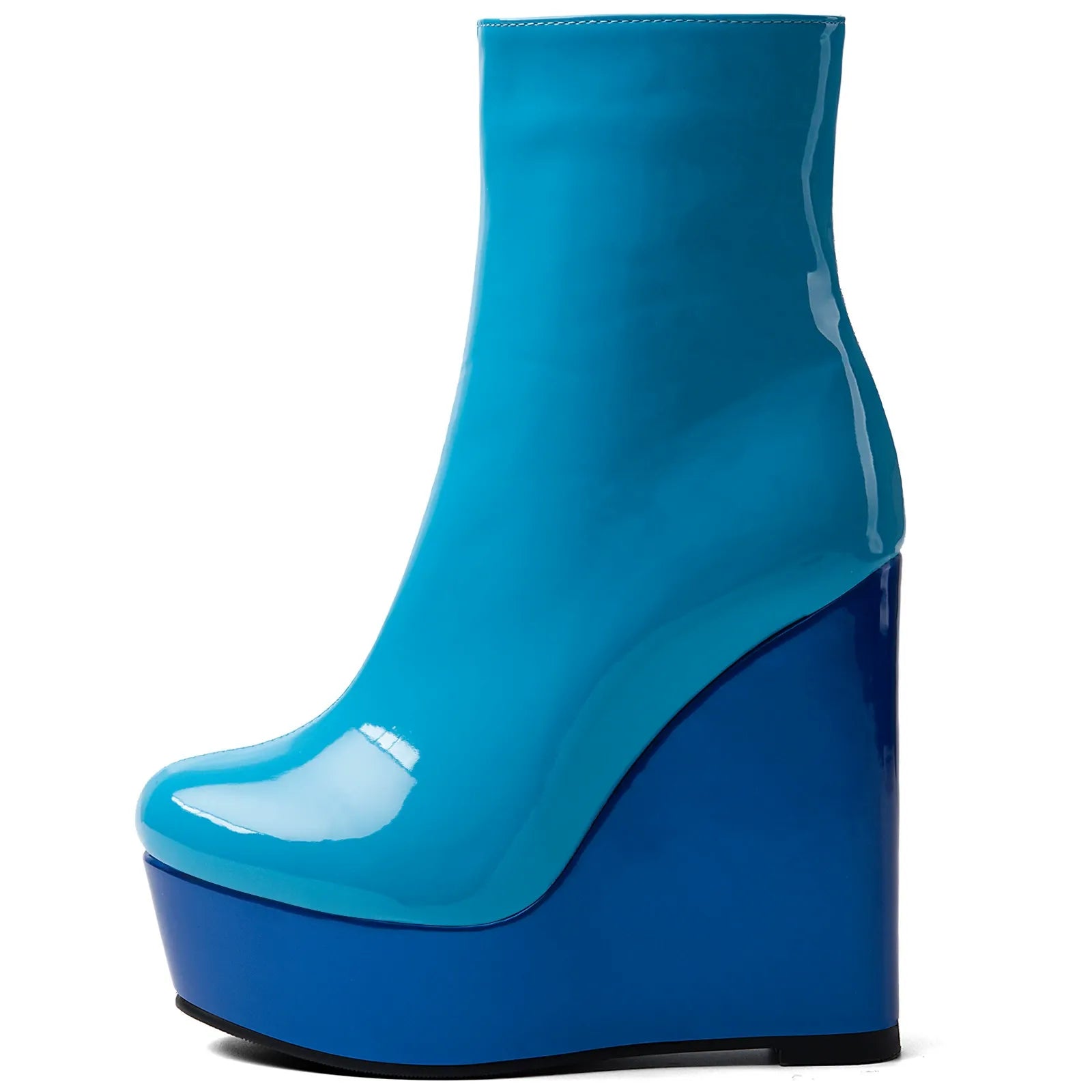 Blue Patent Faux Leather Wedge Platform Ankle Boots for Women - Styeenigma