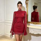 Burgundy Rhinestone Mini Dress Women's Turtleneck Bell Sleeve Bodycon - Styeenigma