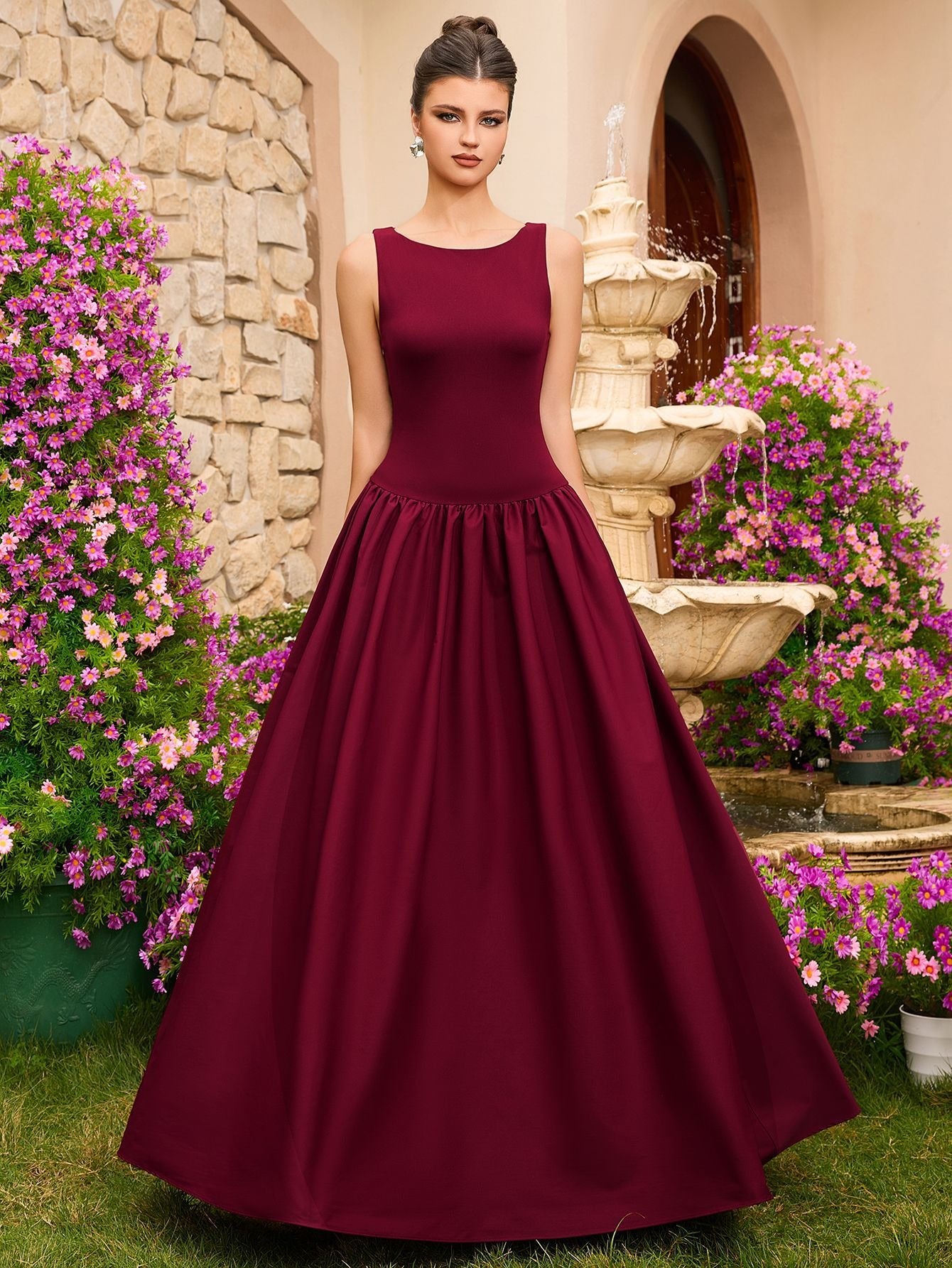 Burgundy Sleeveless Ball Gown | Elegant Formal Maxi Dress | Perfect for Prom, Wedding Guest & Evening Events