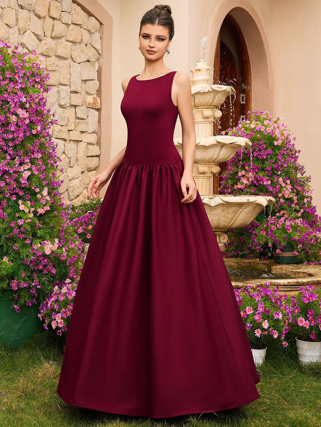 Burgundy Sleeveless Ball Gown | Elegant Formal Maxi Dress | Perfect for Prom, Wedding Guest & Evening Events