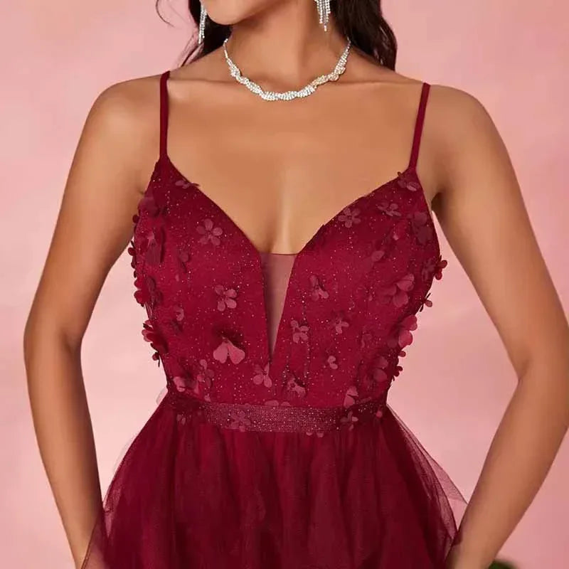 Burgundy Floral High Slit Prom Dress Strapless Tulle Evening Gown - Styeenigma