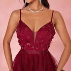Burgundy Floral High Slit Prom Dress Strapless Tulle Evening Gown - Styeenigma