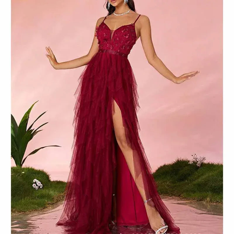 Burgundy Floral High Slit Prom Dress Strapless Tulle Evening Gown - Styeenigma