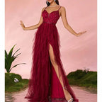 Burgundy Floral High Slit Prom Dress Strapless Tulle Evening Gown - Styeenigma