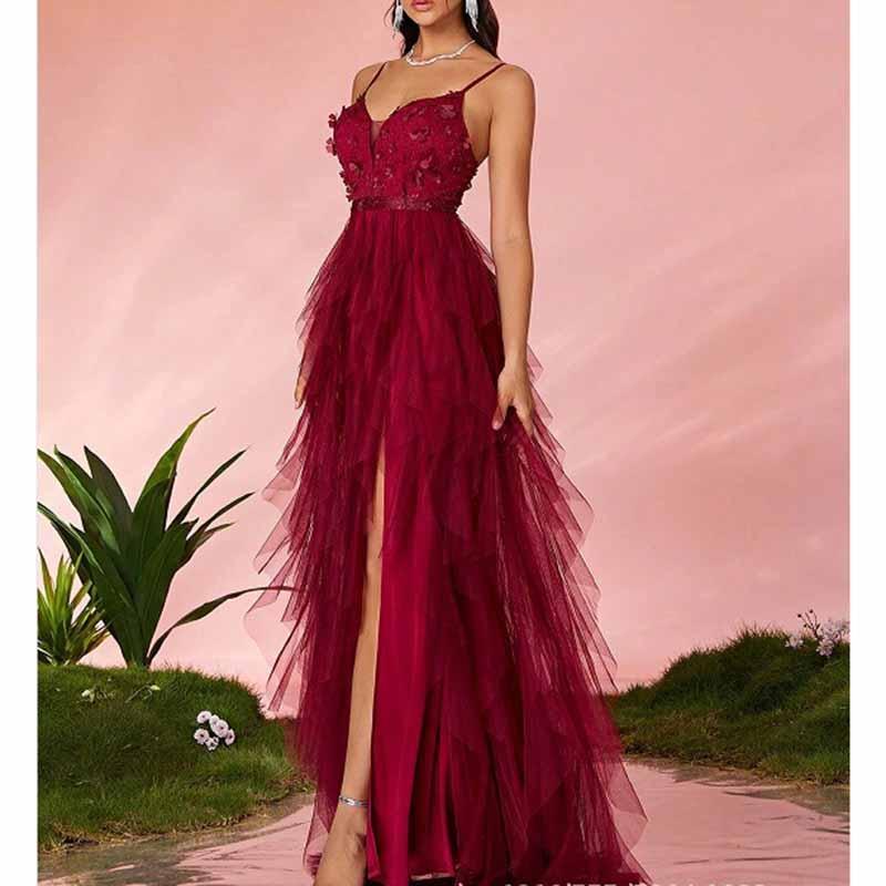 Burgundy Floral High Slit Prom Dress Strapless Tulle Evening Gown - Styeenigma