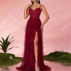 Burgundy Floral High Slit Prom Dress Strapless Tulle Evening Gown
