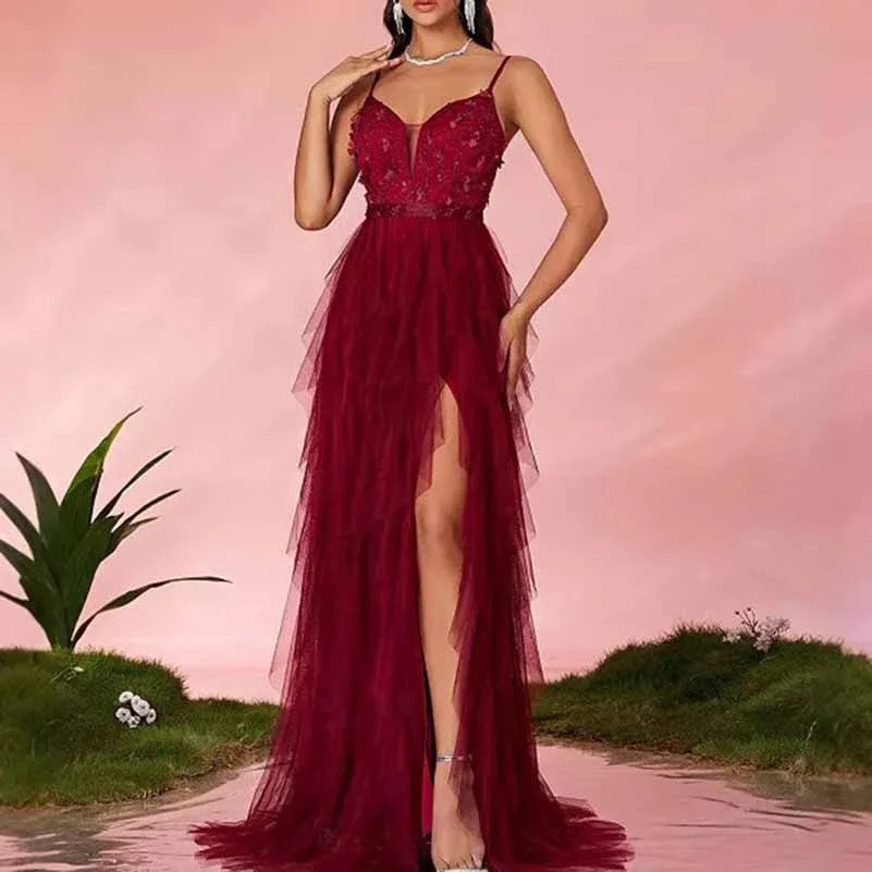 Burgundy Floral High Slit Prom Dress Strapless Tulle Evening Gown