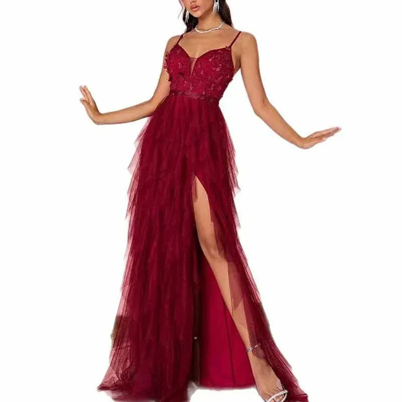 Burgundy Floral High Slit Prom Dress Strapless Tulle Evening Gown - Styeenigma