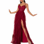 Burgundy Floral High Slit Prom Dress Strapless Tulle Evening Gown - Styeenigma