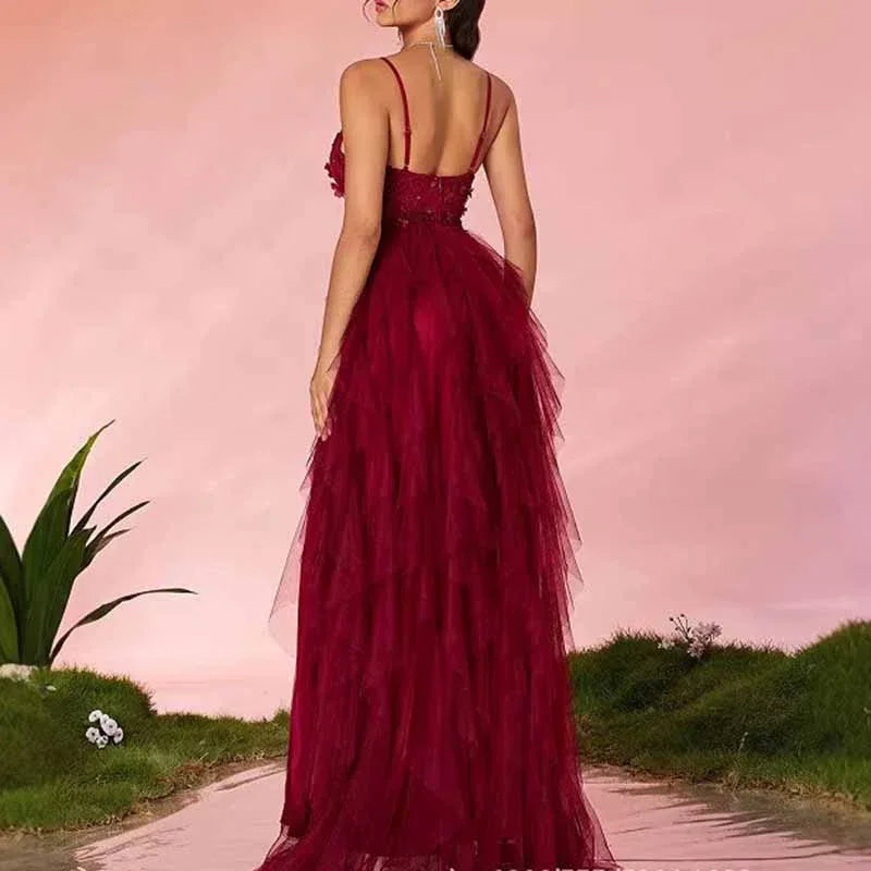 Burgundy Floral High Slit Prom Dress Strapless Tulle Evening Gown - Styeenigma