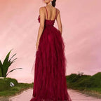Burgundy Floral High Slit Prom Dress Strapless Tulle Evening Gown - Styeenigma